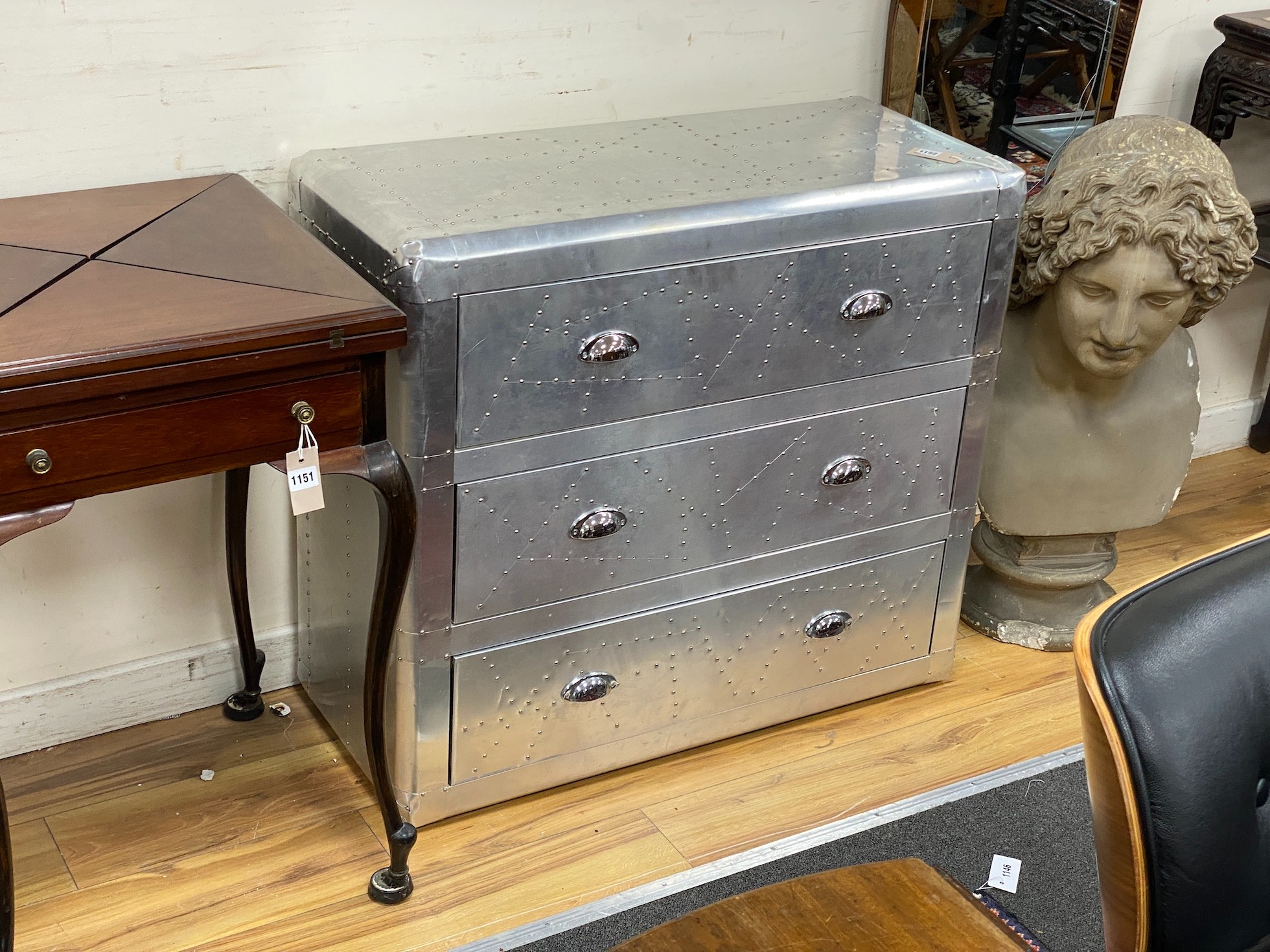 A pair of aeronautical style aluminium three drawer chests, width 90cm